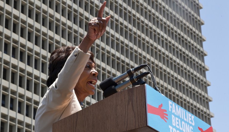 Rep. Maxine Waters, D-Calif., speaks at the Families Belong Together - Freedom for Immigrants March in downtown Los Angeles on Saturday, June 30, 2018. In major cities and tiny towns, hundreds of thousands of marchers gathered Saturday across America, moved by accounts of children separated from their parents at the U.S.-Mexico border, in the latest act of mass resistance against President Donald Trumpâs immigration policies.