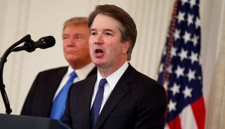 President Trump listens as Brett Kavanaugh, his Supreme Court nominee, speaks during an event in the East Room of the White House on July 9, 2018, in Washington.