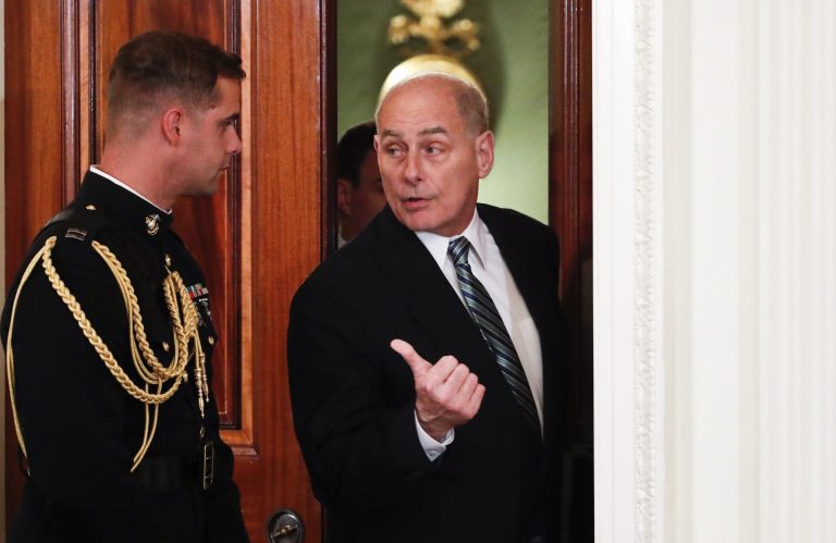 White House Chief of Staff John Kelly, right, looks in the room before President Donald Trump announces Judge Brett Kavanaugh as his nominee for the Supreme Court, in the East Room of the White House, Monday, July 9, 2018, in Washington.