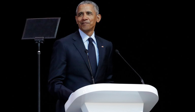 Former President Barack Obama delivers his speech at the 16th Annual Nelson Mandela Lecture at the Wanderers Stadium in Johannesburg, South Africa, Tuesday, July 17, 2018.