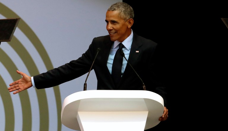 Former U.S. President Barack Obama, delivers his speech at the 16th Annual Nelson Mandela Lecture at the Wanderers Stadium in Johannesburg, South Africa, Tuesday, July 17, 2018. In his highest-profile speech since leaving office, Obama urged people around the world to respect human rights and other values under threat in an address marking the 100th anniversary of anti-apartheid leader Nelson Mandela's birth.