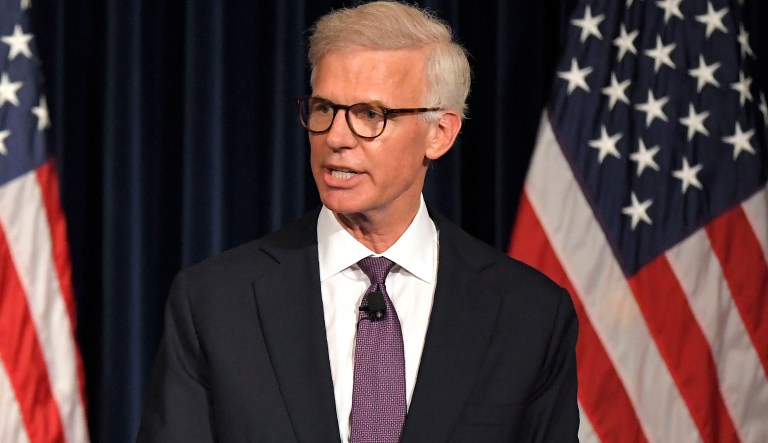 Washington Post publisher Fred Ryan, right, speaks as he introduces U. S. Secretary of State Mike Pompeo at the Ronald Reagan Presidential Library Sunday, July 22, 2018, in Simi Valley, Calif.