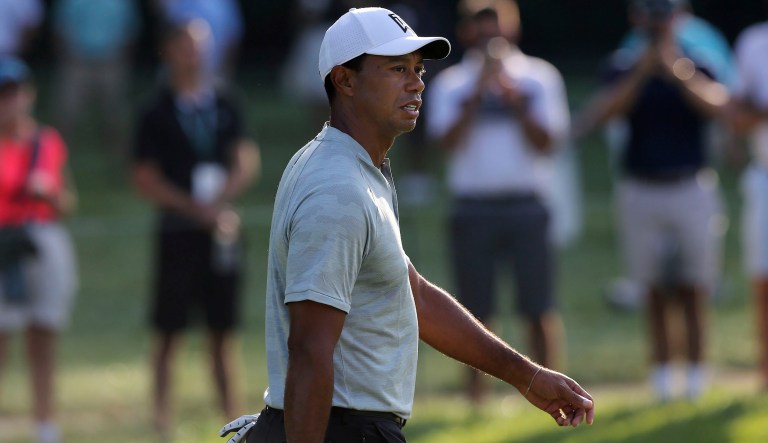 Tiger Woods walks on the fairway of the second hole during the third round of the Northern Trust golf tournament, Saturday, August 25, 2018, in Paramus, N.J.