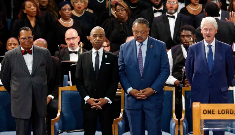 Louis Farrakhan, from left, Rev. Al Sharpton, Rev. Jesse Jackson and former President Bill Clinton attend the funeral service for Aretha Franklin at Greater Grace Temple, Friday, Aug. 31, 2018, in Detroit. Franklin died Aug. 16, 2018 of pancreatic cancer at the age of 76. 