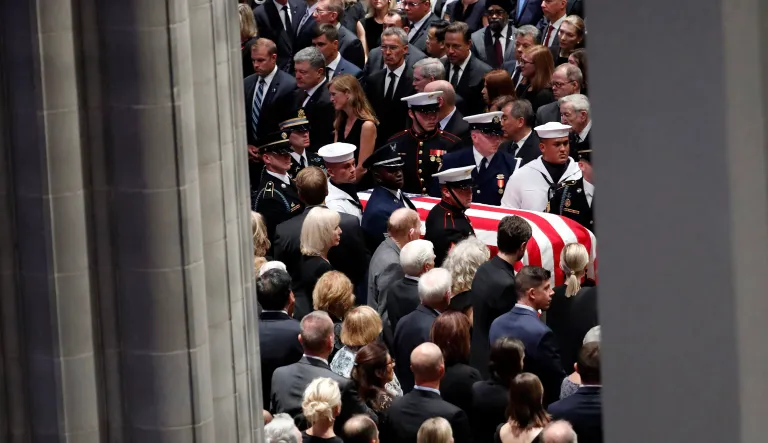 The casket of Sen. John McCain, R-Ariz., arrives at the Washington National Cathedral in Washington, Saturday, Sept. 1, 2018, for a memorial service.