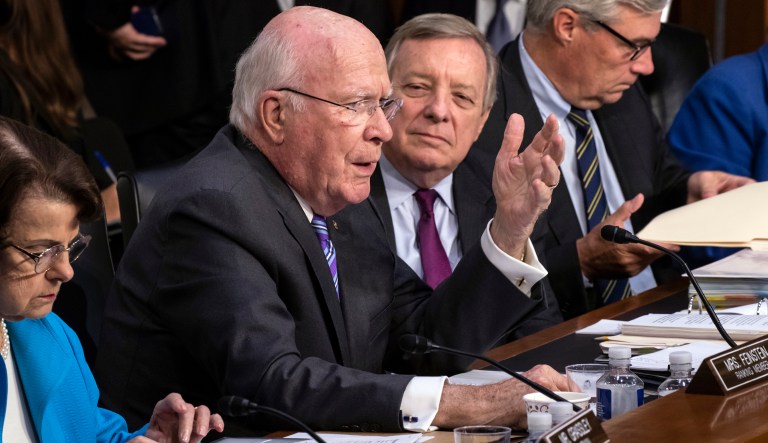 Sen. Patrick Leahy, D-Vt., flanked by, from left, Dianne Feinstein, D-Calif., Sen. Dick Durbin, D-Ill., and Sen. Sheldon Whitehouse, D-R.I., questions Supreme Court nominee Brett Kavanaugh about his time in the White House, during the second day of his confirmation hearing before the Senate Judiciary Committee, on Capitol Hill in Washington, Wednesday, Sept. 5, 2018.