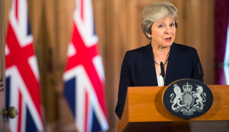 British Prime Minister Theresa May makes a statement on Brexit negotiations with the European Union, at 10 Downing Street, in London, Friday, Sept. 21, 2018. The British government on Friday accused the European Union of slamming the handbrake on Brexit negotiations, after the bloc said Prime Minister Theresa May's blueprint was unworkable. A rattled May insisted that her plan was the only one on the table â and that Britain was prepared to walk away from the EU without a deal if it was rejected.
