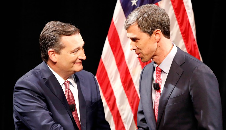 Republican U.S. Senator Ted Cruz, left, and Democratic U.S. Representative Beto O'Rourke, right, shake hands before their debate in Dallas.