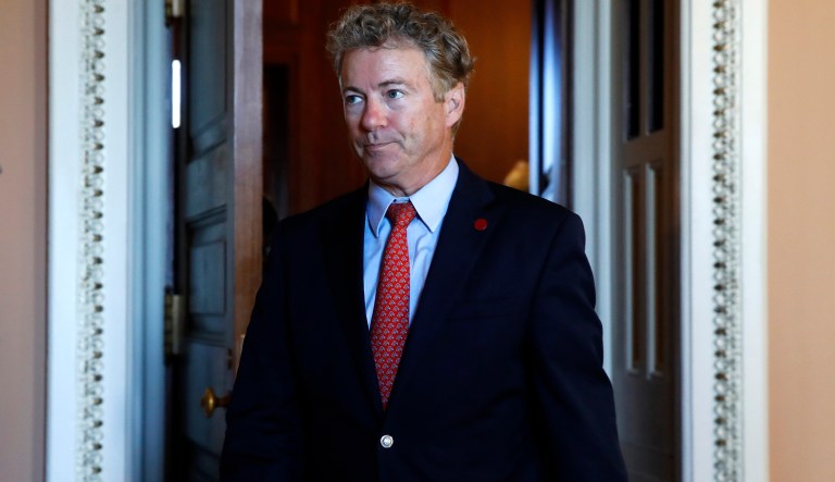 Sen. Rand Paul, R-Ky., leaves a meeting of Senate Republicans with Vice President Mike Pence, Wednesday, Sept. 26, 2018, on Capitol Hill in Washington.