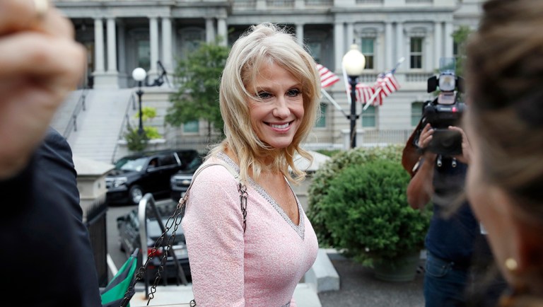 Counselor to the President Kellyanne Conway talks with reporters at the White House.