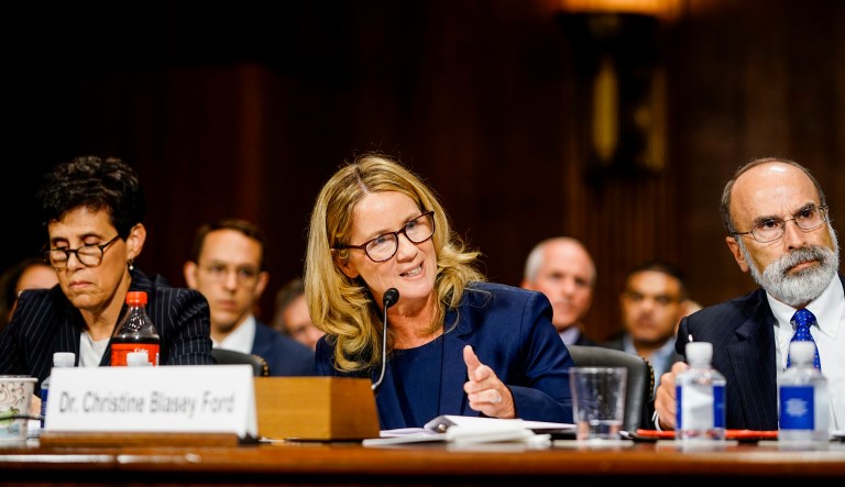 Christine Blasey Ford testifies at a Senate Judiciary Committee hearing on Thursday, Sept. 27, 2018 on Capitol Hill.