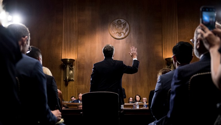 Supreme Court nominee Judge Brett Kavanaugh is sworn in before testifying during the Senate Judiciary Committee.
