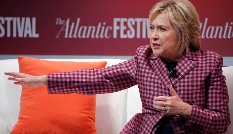 Former Secretary of State Hillary Clinton talks with Jeffrey Goldberg, editor in chief of The Atlantic, during The Atlantic Festival, Tuesday, Oct. 2, 2018, in Washington.