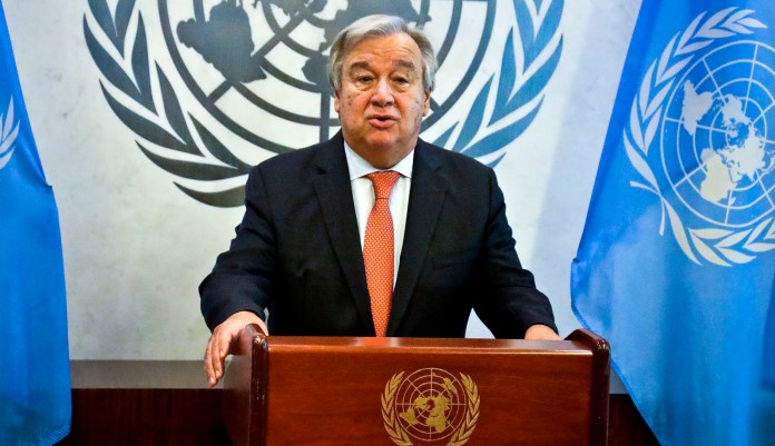 U.N. Secretary-General Antonio Guterres makes remarks at a press conference.