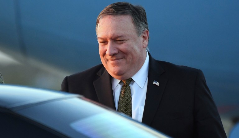 U.S. Secretary of State Mike Pompeo arrives at Osan Air Base in Pyeongtaek, in South Korea, Sunday, Oct. 7, 2018, after his North Korea trip. Pompeo has wrapped up his fourth visit to North Korea after meeting Kim Jong Un to seek elusive progress in efforts to persuade him to give up his nuclear weapons. 