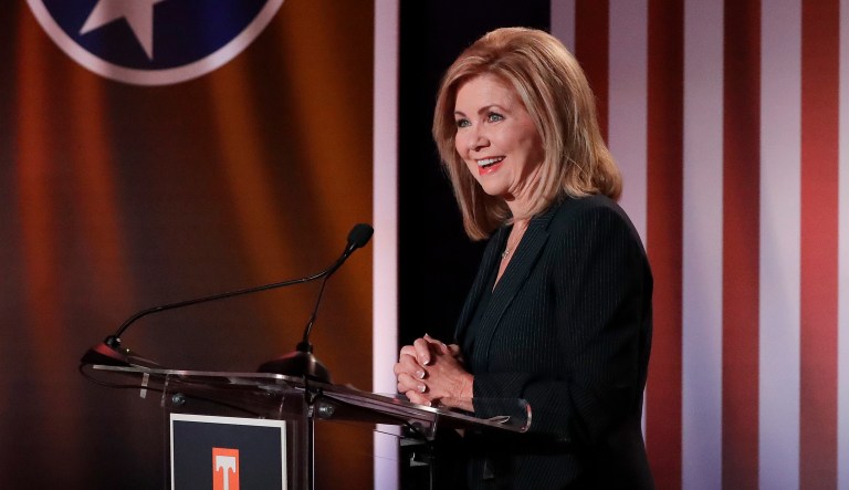 Republican U.S. Rep. Marsha Blackburn speaks during the 2018 Tennessee U.S. Senate Debate at the University of Tennessee, Wednesday, Oct. 10, 2018, in Knoxville, Tenn.