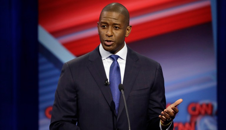Florida Democratic gubernatorial candidate Andrew Gillum speaks during a CNN debate against his Republican opponent Ron DeSantis, Sunday, Oct. 21, 2018, in Tampa, Fla.