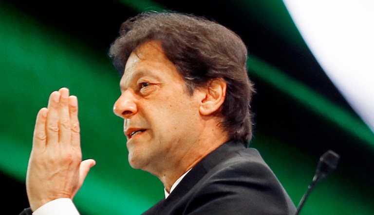 Pakistani Prime Minister Imran Khan speaks.