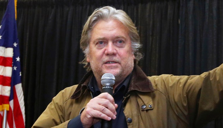 Former senior White House adviser Steve Bannon speaks during the Red Tide Rising Rally supporting Republican candidate in Elma, N.Y. 