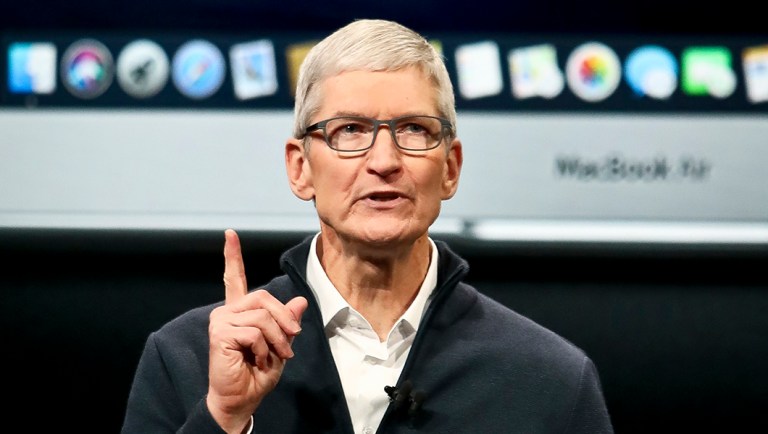 Apple CEO Tim Cook speaks during an event to announce new products.