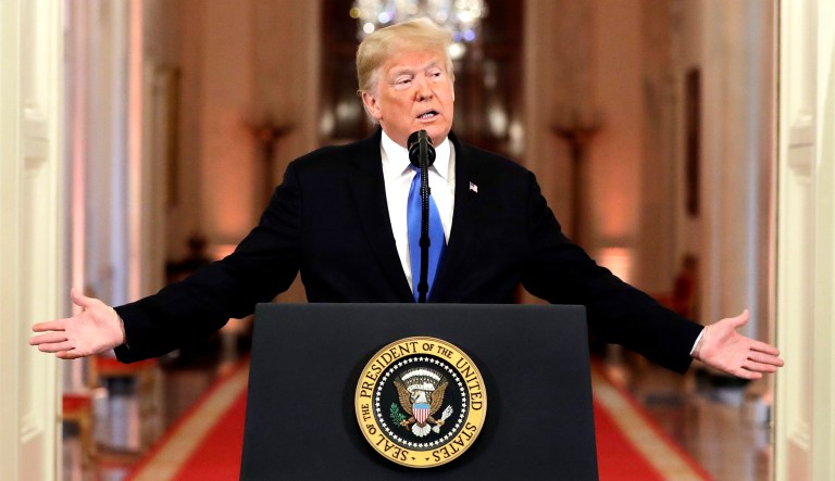 President Trump speaks during a news conference in the East Room of the White House in D.C.