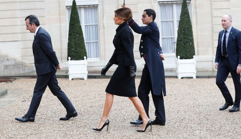 U.S first lady Melania Trump arrives at the Elysee Palace in Paris, Saturday, Nov.10, 2018. U.S President Donald Trump is joining other world leaders at centennial commemorations in Paris this weekend to mark the end of World War I. 