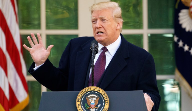 President Donald Trump speaks during a ceremony to pardon the National Thanksgiving Turkey in the Rose Garden of the White House in Washington, Tuesday, Nov. 20, 2018.