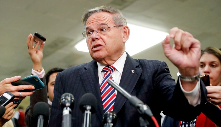 Sen. Bob Menendez, D-N.J., speaks to members of the media.