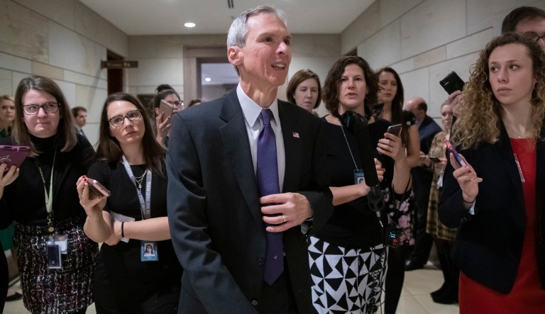 Democrats cancel fundraiser for their own congressman because of his anti-abortion views Rep. Dan Lipinski, D-Ill., is met by reporters as he leaves the Democratic Caucus leadership elections at the Capitol in Washington, Wednesday, Nov. 28, 2018.