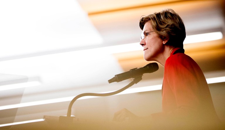 Sen. Elizabeth Warren, D-Mass., pauses while speaking at the American University Washington College of Law in D.C. about her foreign policy views.