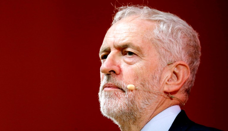 Britain's Labour Party leader, Jeremy Corbyn, pauses while delivering a speech at the Party of European Socialists congress in Lisbon, Portugal.