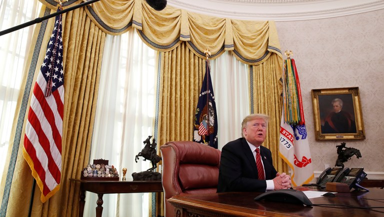 President Trump answers questions from the media after speaking with members of the military by video conference.
