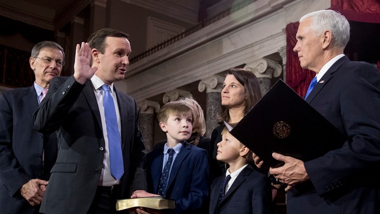 Vice President Mike Pence administers the Senate oath of office to Sen. Chris Murphy, D-Conn.