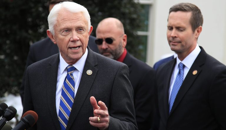 Rep. Jack Bergman, R-Mich., joined by Rep. Clay Higgins, R-La., back center, and Rep. Rodney Davis, R-Ill., right, speaks to reporters outside the West Wing at the White House in Washington, Tuesday, Jan. 15, 2019. 