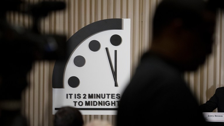 The Doomsday Clock is unveiled during The Bulletin of the Atomic Scientists news conference.