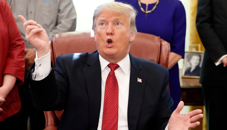 President Trump speaks during a meeting with American manufacturers in the Oval Office of the White House, Thursday, Jan. 31, 2019, in Washington. Trump was signing an executive order pushing those who receive federal funds to "buy American."