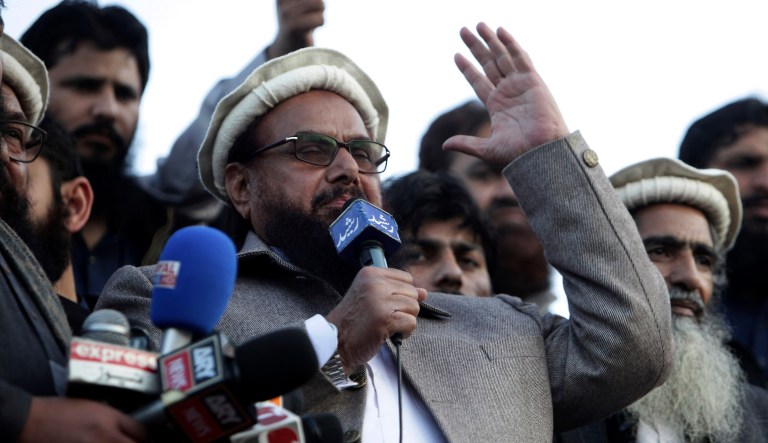 Hafiz Saeed, chief of Pakistani religious group Jamaat-ud-Dawa, addresses a rally for Kashmir Day in Lahore, Pakistan.