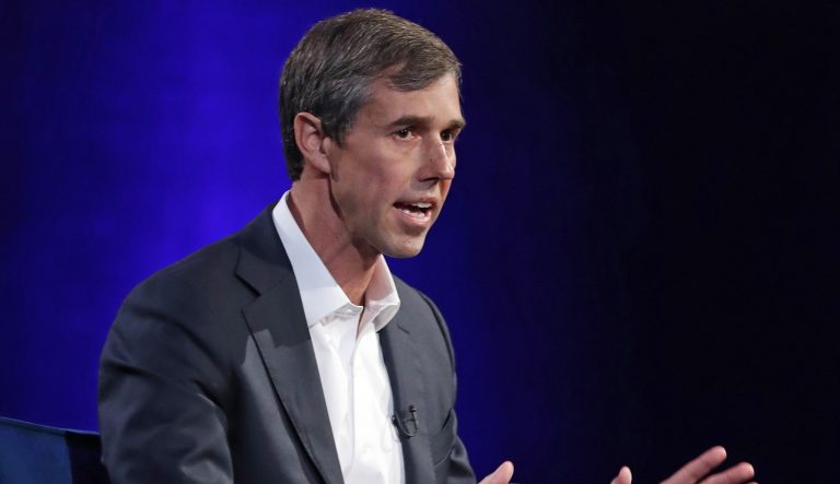 Former Democratic Texas congressman Beto O'Rourke gestures during an interview with Oprah Winfrey live on a Times Square stage at "Oprah's SuperSoul Conversations from Times Square," Tuesday, Feb. 5, 2019, in New York. 