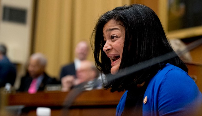 Rep. Pramila Jayapal, D-Wash, reacts during a hearing.
