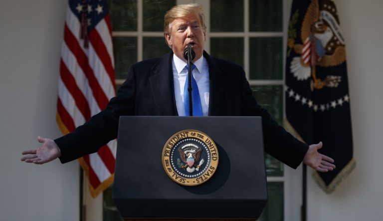 President Donald Trump speaks during an event in the Rose Garden at the White House to declare a national emergency in order to build a wall along the southern border, Friday, Feb. 15, 2019, in Washington.