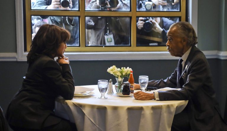 Democratic presidential candidate Sen. Kamala Harris, D-Calif., left, meets with civil rights leader Rev. Al Sharpton, President of the National Action Network, during lunch at Sylvia's Restaurant in the Harlem neighborhood of New York, Thursday Feb. 21, 2019. 