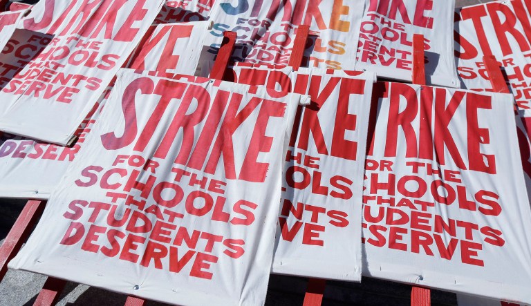 Teachers, students, and supporters rally at Frank Ogawa Plaza in front of City Hall in Oakland, Calif. on Feb. 21, 2019. Teachers in Oakland hit the picket lines just as West Virginia teachers went back to class this week in a display of the national teacher unrest that in many places has moved beyond pay to politics, tackling issues like charter schools and vouchers. 