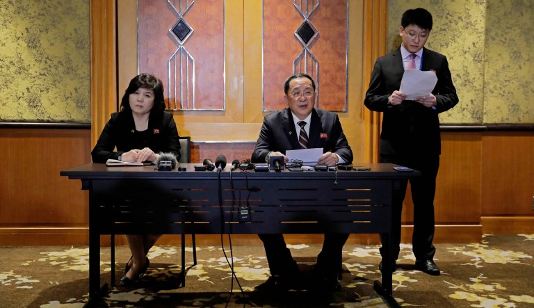 North Korea Foreign Minister Ri Yong Ho, center, talks during a press conference at Melia Hotel in Hanoi, Vietnam.