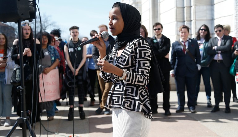Ilhan Omar joins Black-Jewish Caucus by blasting founding Rep. Lee Zeldin’s ‘bigotry’ U.S. Rep Ilhan Omar, D-Minn., speaks to support LGBTQ and allied high school students from across the state of Minnesota who marched to the State Capitol steps Thursday, March 21, 2019 in St. Paul, Minn. to urge lawmakers to protect LGBTQ Minnesotans and youth from the effects of so-called conversion "therapy."