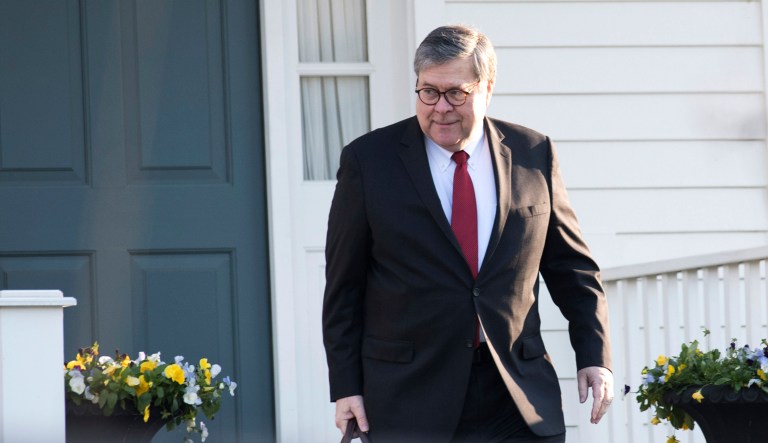 Attorney General William Barr leaves his McLean, Va., home on Monday, March 25, 2019.