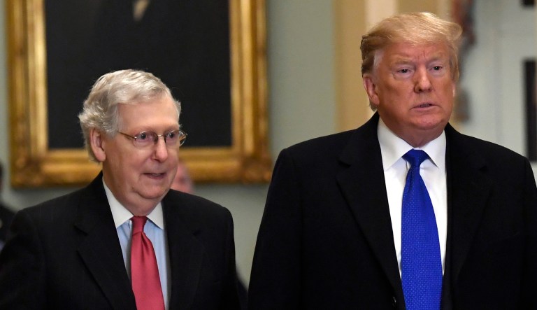 President Trump (right) walks alongside Senate Majority Leader Mitch McConnell, R-Ky.
