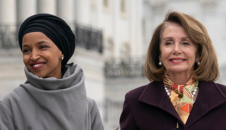 Reps. Ilhan Omar and Nancy Pelosi are seen.