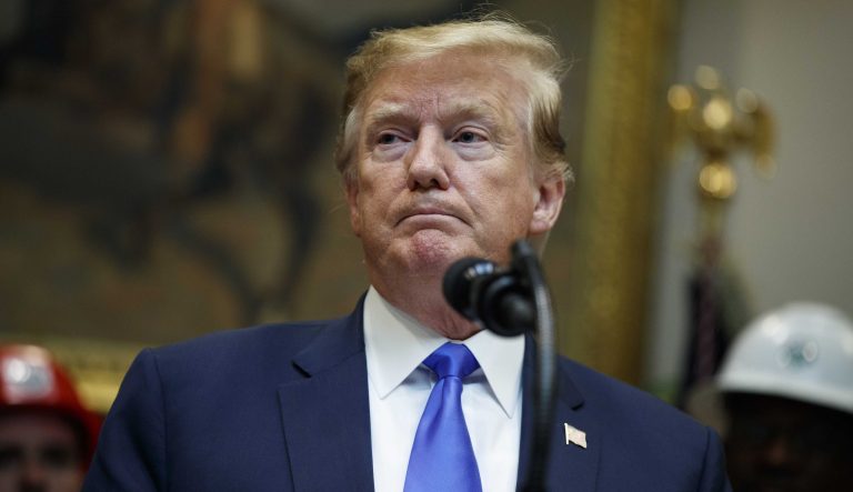 President Donald Trump pauses during an event in the Roosevelt Room of the White House, Friday, April 12, 2019, in Washington. 