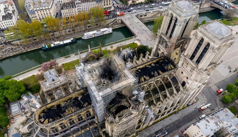 An image made available by Gigarama.ru shows an aerial shot of the fire damage to Notre Dame Cathedral in Paris on April 16.