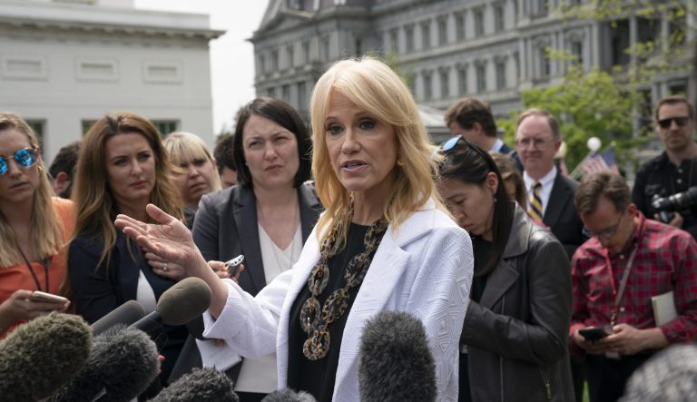 Counselor to the President Kellyanne Conway responds to reporters at the White House, Thursday, April 18, 2019. 